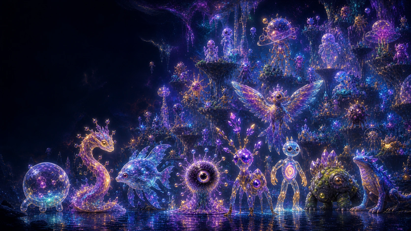 An imagined luminous universe filled with many possible alien creature forms